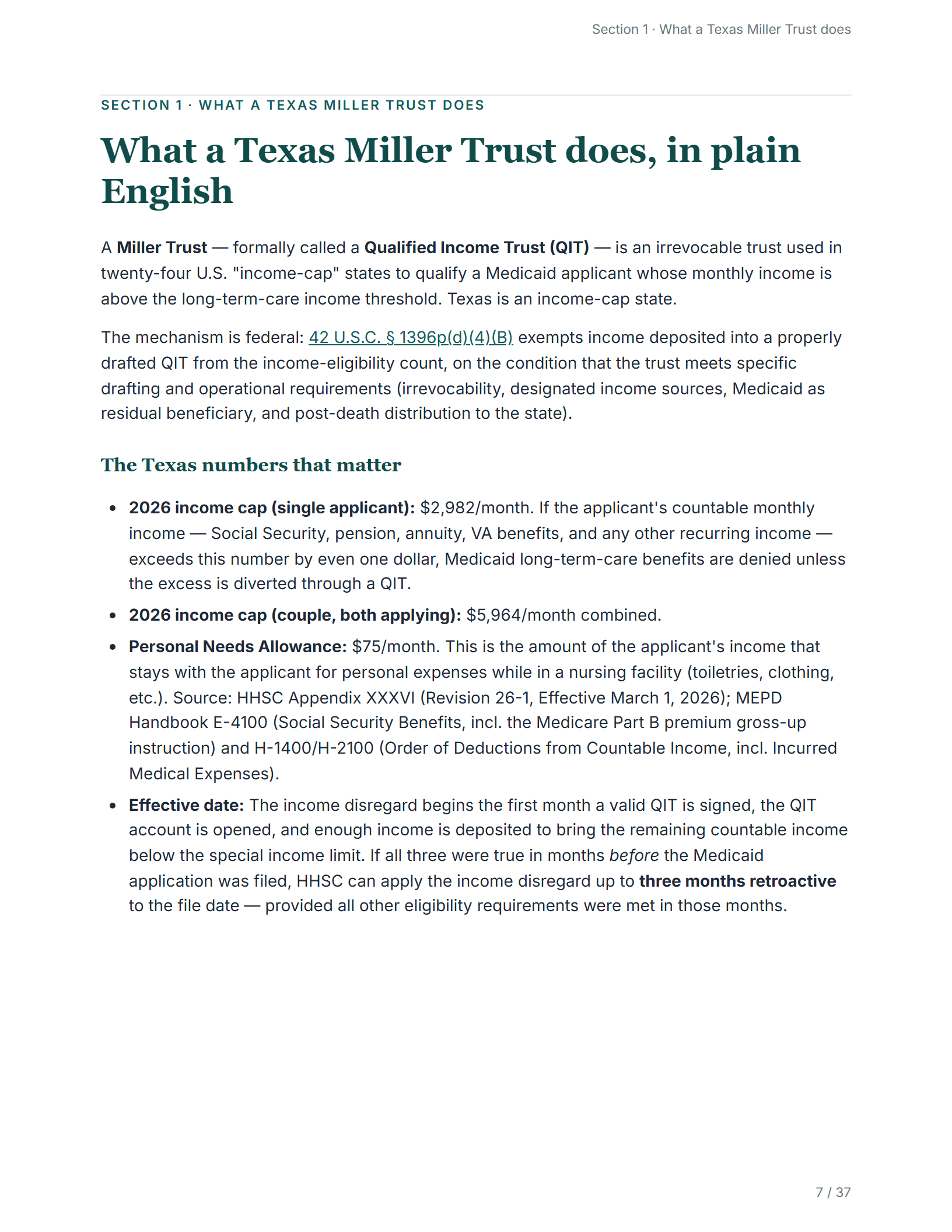 What it does, in plain English — sample page from the Texas Miller Trust kit