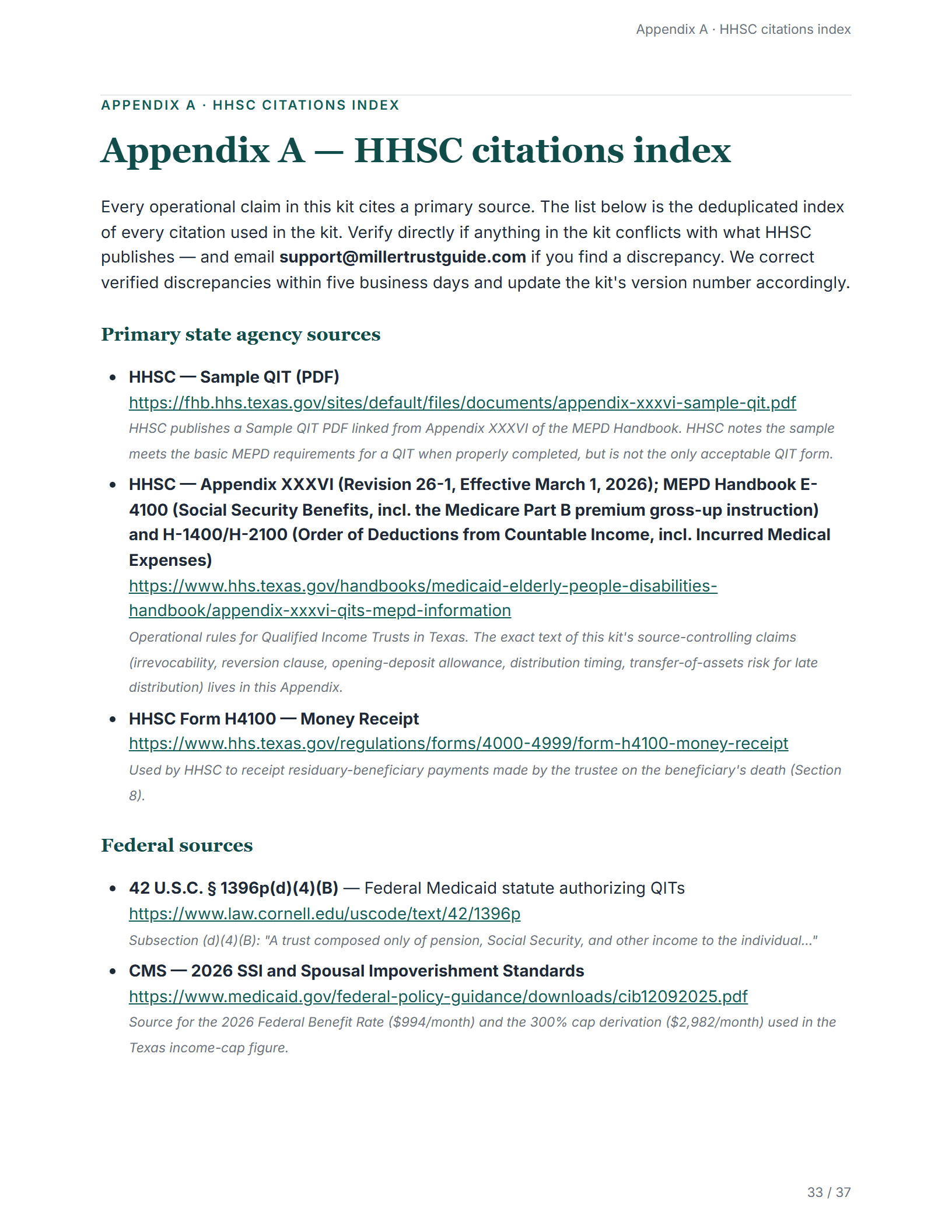 Citations index — sample page from the Texas Miller Trust kit