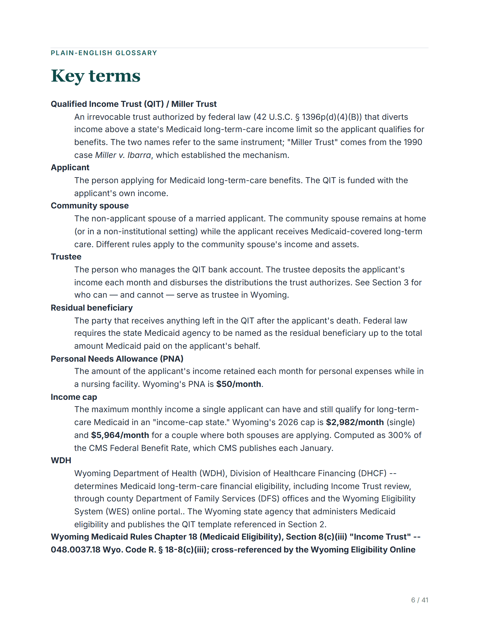 Plain-English glossary — sample page from the Wyoming Income Trust guide