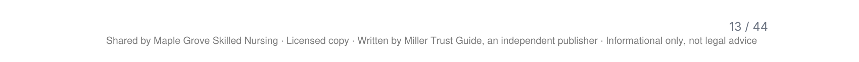 Footer line: Shared by Maple Grove Skilled Nursing, licensed copy, written by Miller Trust Guide, informational only, not legal advice